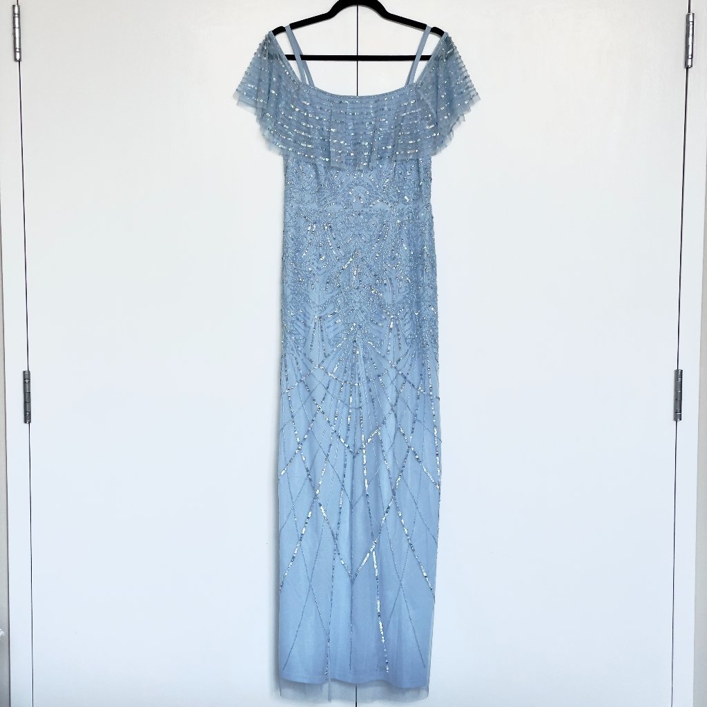 Adrianna Papell | Light Blue Beaded Off The Shoulder Ruffle Maxi Gown | Sz 6 Nwt